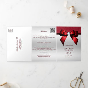 Romantic Red Jewel Gem Bow QR Code Wedding Tri-Fold Invitation