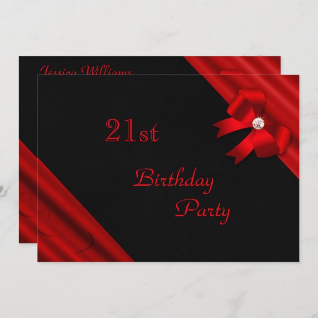 Romantic Red Jewelled Bow 21st Birthday Invitation (Front/Back)