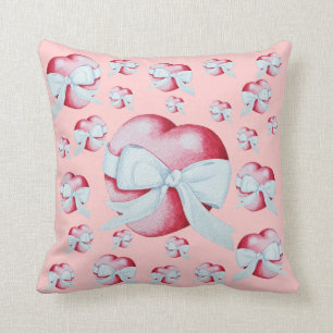 romantic red love heart and white bow cushion