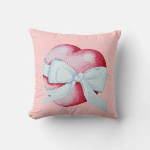 romantic red love heart and white bow cushion