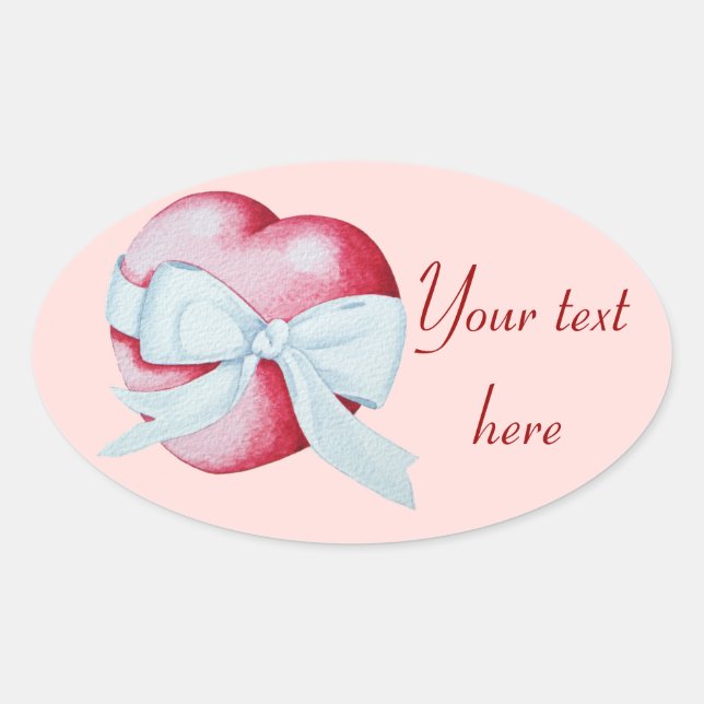 romantic red love heart and white bow oval sticker (Front)