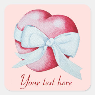 romantic red love heart and white bow square sticker