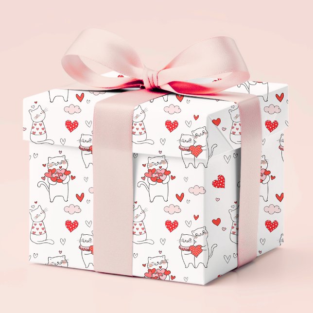 Romantic Red Love Heart Kitty Cats | Valentines Wrapping Paper (Creator Uploaded)