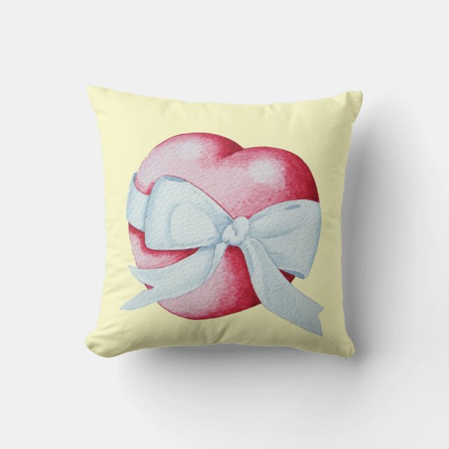 romantic red love heart tied with white ribbon bow cushion (Front)