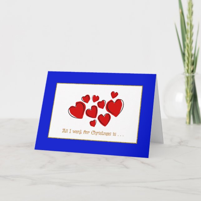 Romantic Red Love Hearts Blue Border Christmas Holiday Card (Front)