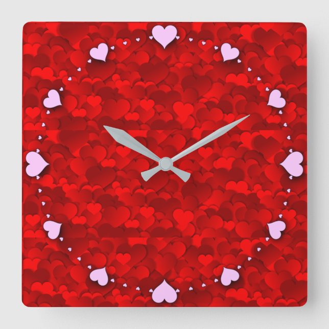 Romantic Red Love Hearts Texture Pattern Square Wall Clock (Front)