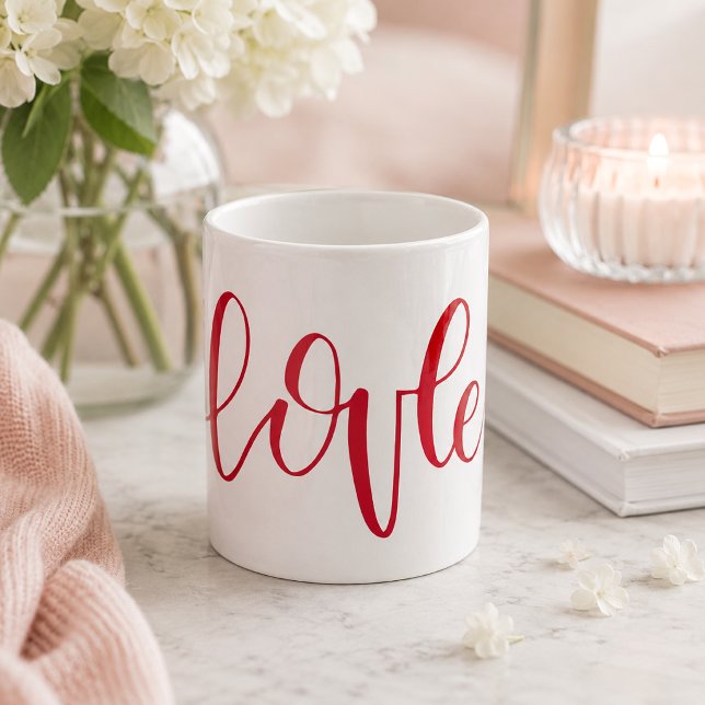 Romantic Red Love Script  Coffee Mug (Start your morning with a sweet reminder with this romantic red Love script coffee mug design,)