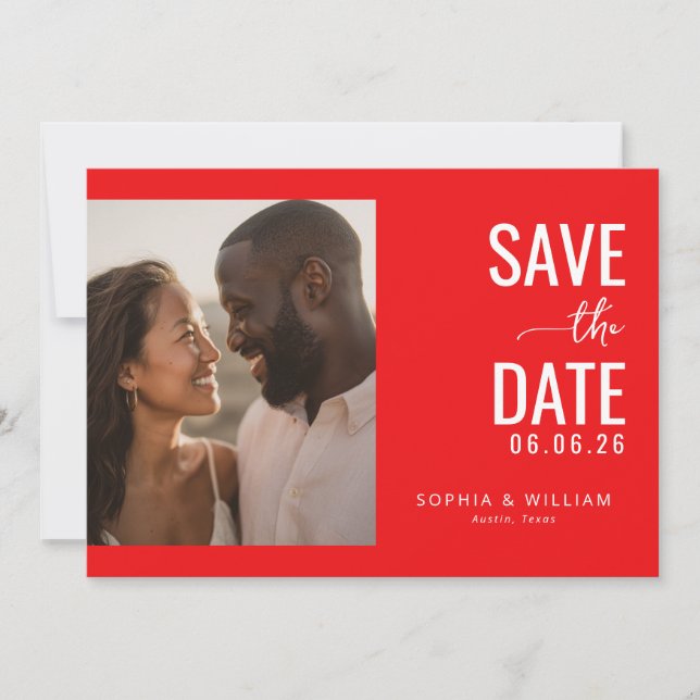 Romantic Red Minimalist Photo Save The Date (Front)