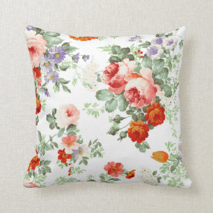 Romantic Red Orange Retro Girly Roses Floral Cushion