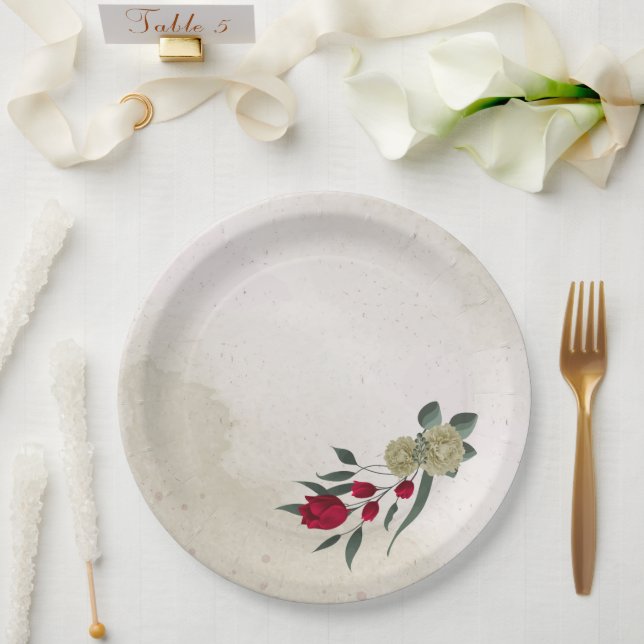 romantic red & pale yellow flowers paper plate (Wedding)