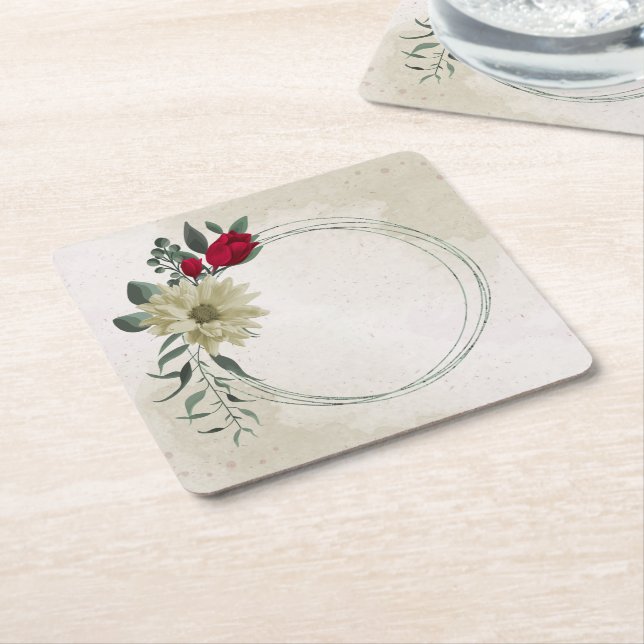 romantic red & pale yellow flowers square paper coaster (Angled)