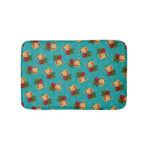 Romantic Red Peach Rose Pattern Teal Damask Bath Mat