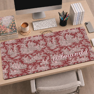 Romantic Red Pink French Toile de Jouy Monogram Desk Mat
