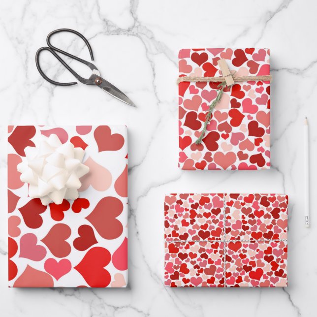 Romantic Red Pink Heart Design Flat Wrapping Paper Sheet (Front)