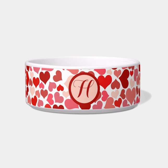 Romantic Red Pink Heart Love Valentine Initial Bowl (Front)