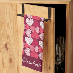 Romantic Red & Pink Jigsaw Puzzle Heart Pattern Tea Towel