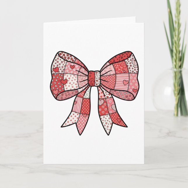 Romantic Red Pink Patchwork Ribbon Bow Drawing  Card (Front)
