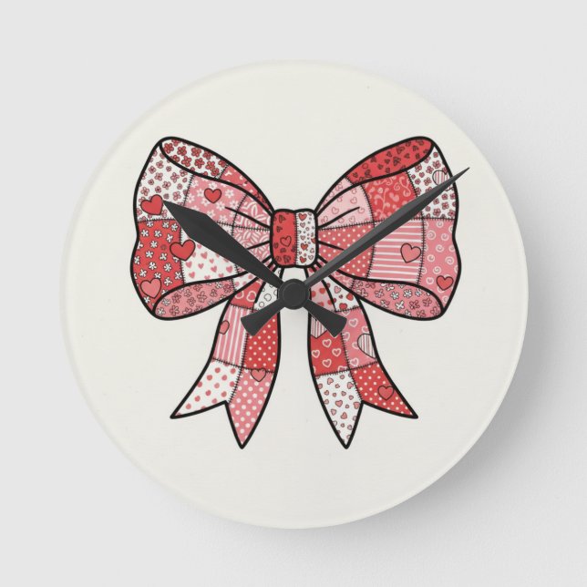 Romantic Red Pink Patchwork Ribbon Bow Drawing  Round Clock (Front)