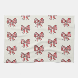 Romantic Red Pink Patchwork Ribbon Bow Drawing Tea Towel