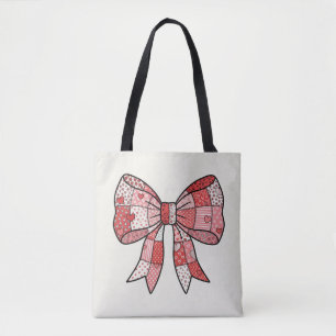 Romantic Red Pink Patchwork Ribbon Bow Drawing Tote Bag