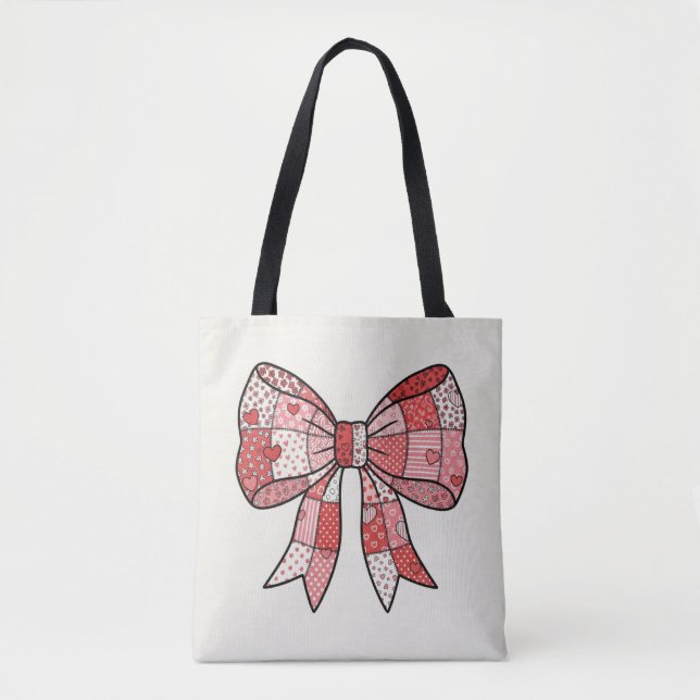 Romantic Red Pink Patchwork Ribbon Bow Drawing  Tote Bag (Front)