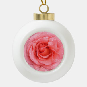 Romantic Red Pink Rose Water Drops Ceramic Ball Christmas Ornament
