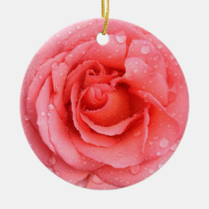 Romantic Red Pink Rose Water Drops Ceramic Ornament
