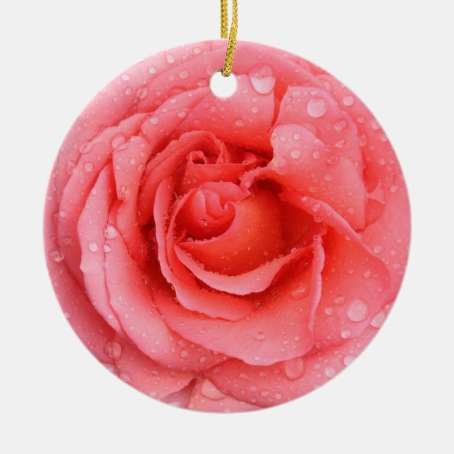 Romantic Red Pink Rose Water Drops Ceramic Ornament (Front)