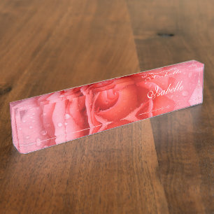 Romantic Red Pink Rose Water Drops Name Plate