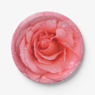 Romantic Red Pink Rose Water Drops Paper Plate