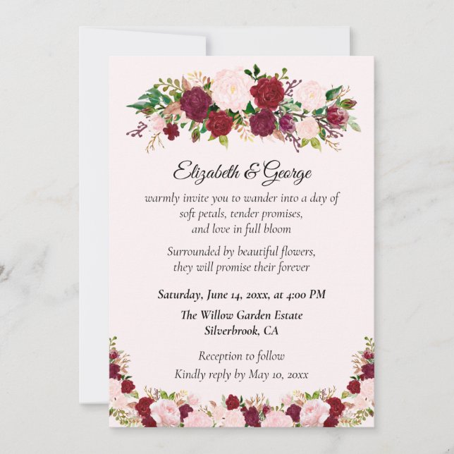 Romantic Red, Pink Roses Custom Wedding Invitation (Front)