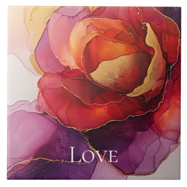 Romantic Red Purple Gold Floral Love Ceramic Tile (Front)