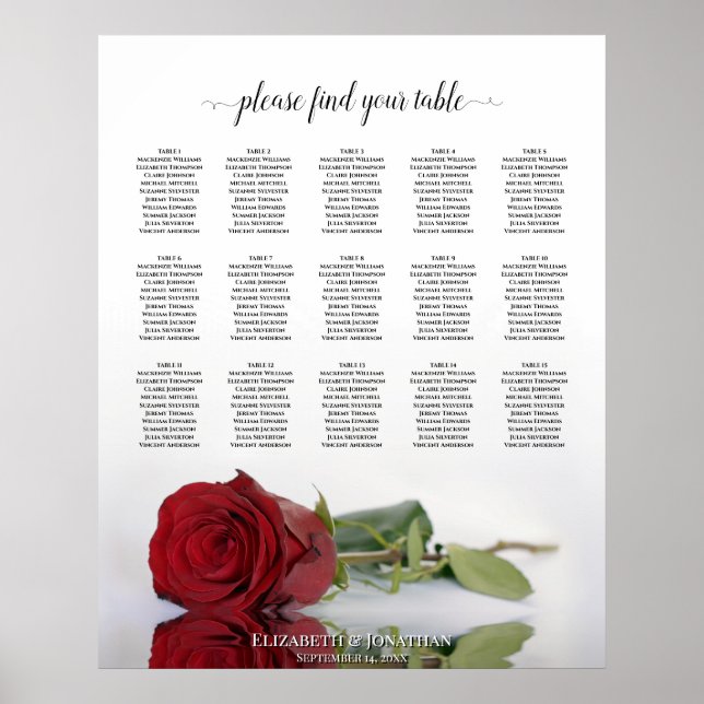 Romantic Red Rose 15 Table Wedding Seating Chart (Front)