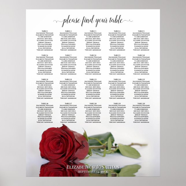 Romantic Red Rose 20 Table Wedding Seating Chart (Front)