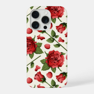Romantic Red Rose and Botanical Bloom on Cream iPhone 15 Pro Case