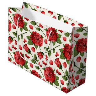 Romantic Red Rose and Botanical Foliage on Cream Large Gift Bag
