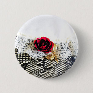 Romantic red rose and white lace 6 cm round badge