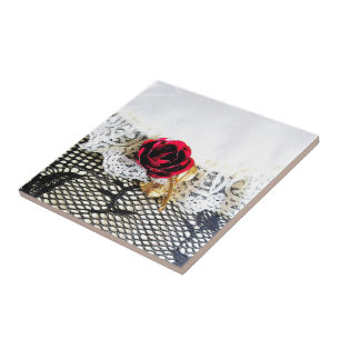Romantic red rose and white lace ceramic tile