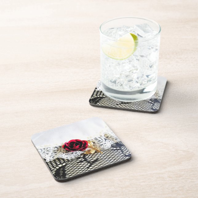 Romantic red rose and white lace coaster (Right Side)