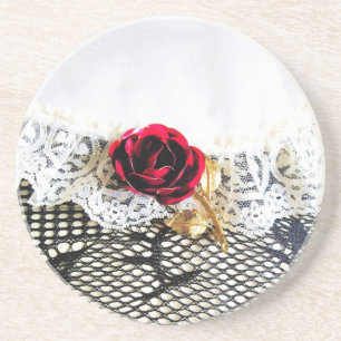 Romantic red rose and white lace coaster