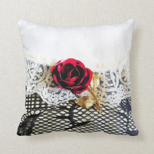 Romantic red rose and white lace cushion