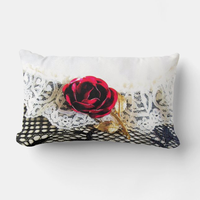 Romantic red rose and white lace lumbar cushion (Front)