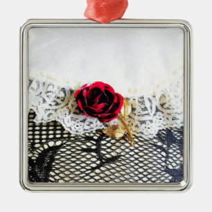 Romantic red rose and white lace metal tree decoration
