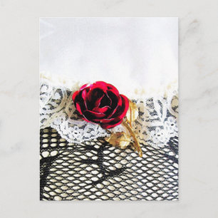 Romantic red rose and white lace postcard