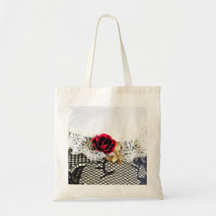 Romantic red rose and white lace tote bag