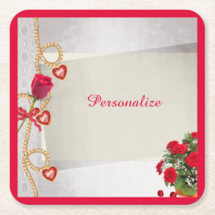 Romantic Red Rose Bouquet Hearts Personalized Square Paper Coaster