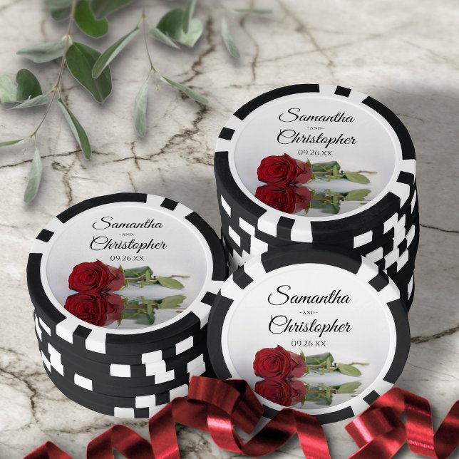 Romantic Red Rose Couple's Names & Wedding Date Poker Chips (In Situ with Wedding Decor)
