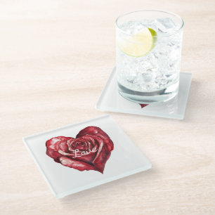 Romantic Red Rose Floral Heart Wedding Glass Coaster