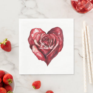 Romantic Red Rose Floral Heart Wedding Napkin