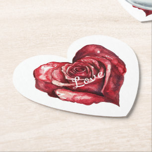 Romantic Red Rose Floral Heart Wedding Paper Coaster